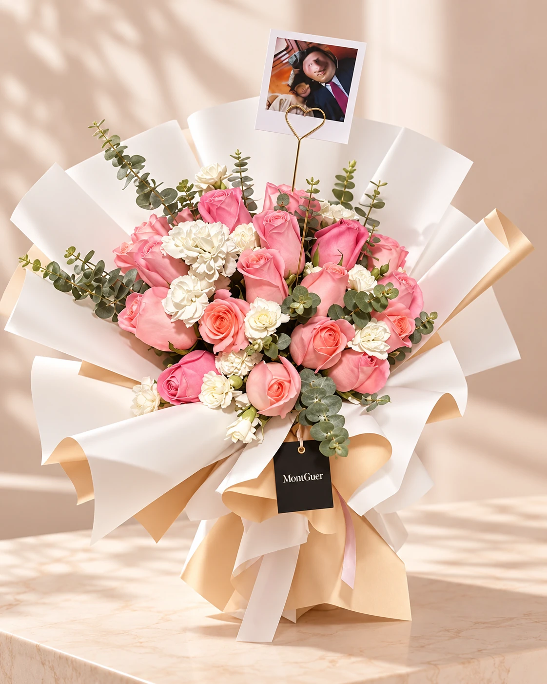 Bouquet Rosado con Dedicatoria — arreglo floral MontGuer